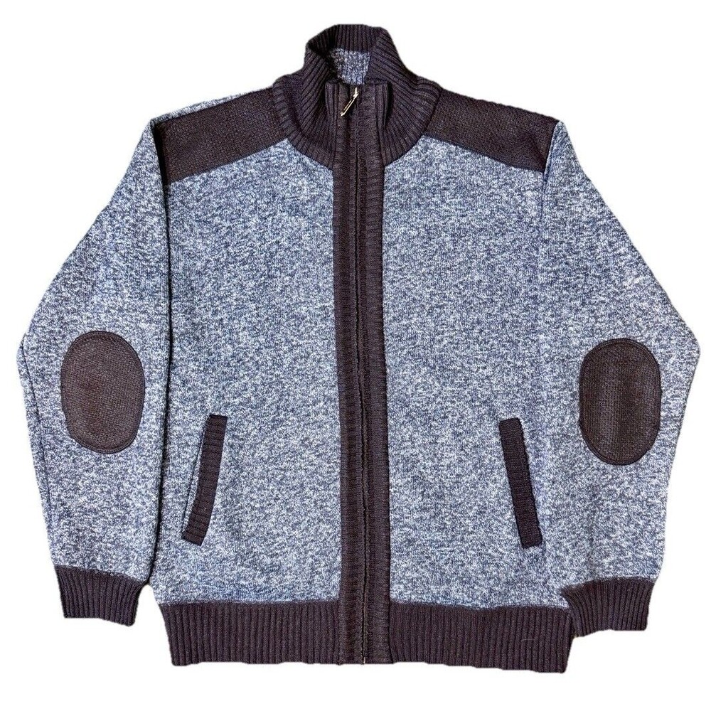 YeoKou Men’s Blue Wool Cashmere Full Zip Sweater Jacket Knit Fleece Lined Sz Med
